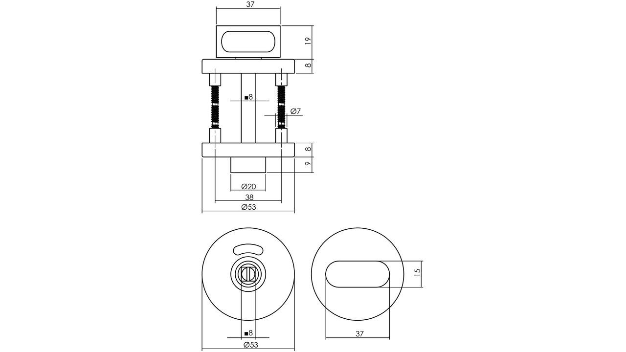 WC-sluiting verdekt ø53x8mm stiftbediening met nokken en stift 8x8mm rvs