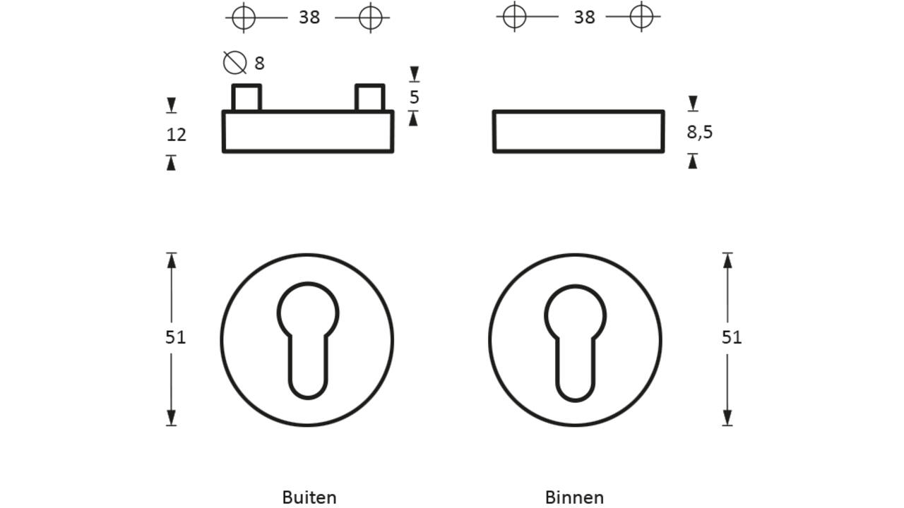 SKG3 veiligheidsrozetten rond ø52x12mm profielcilindergat rvs