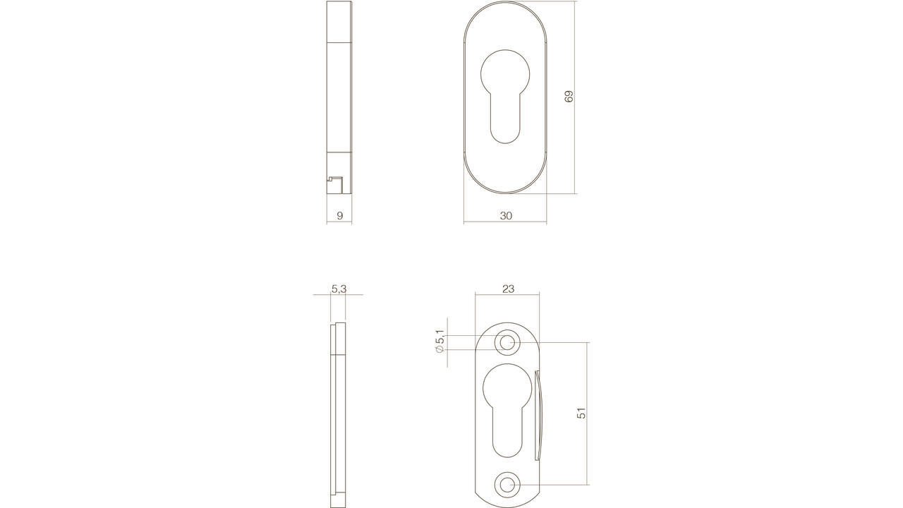 Veiligheid schuifrozet ovaal 69x30x9mm profielcilindergat rvs