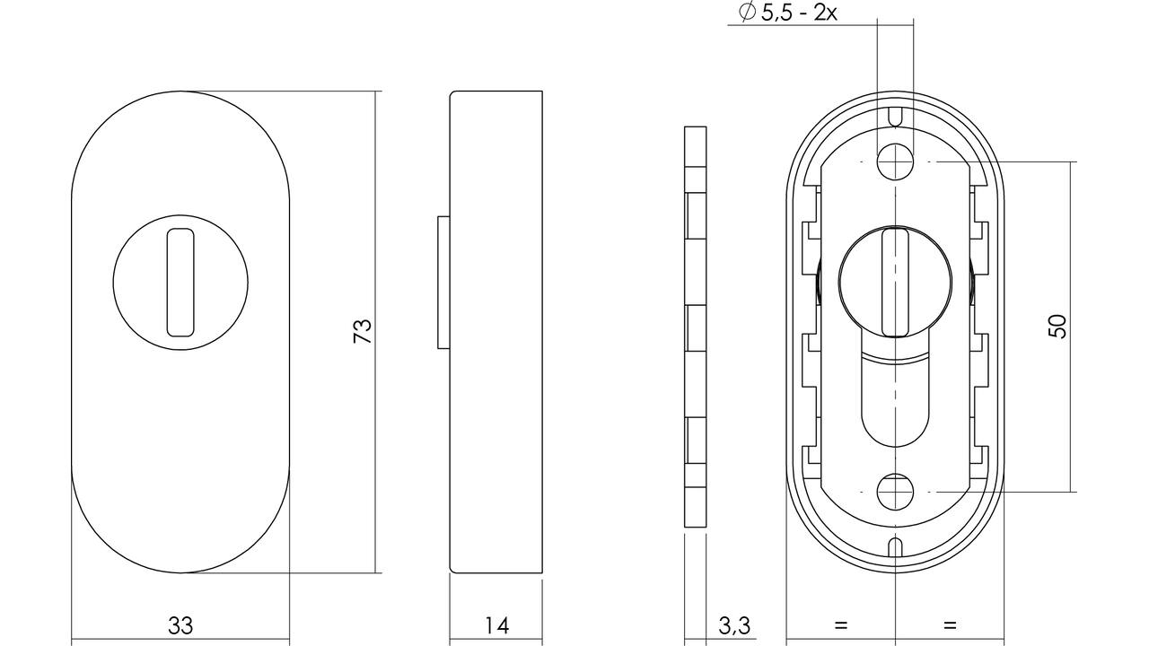 Veiligheid schuifrozet ovaal 73x33x14mm met sleufplaatje rvs