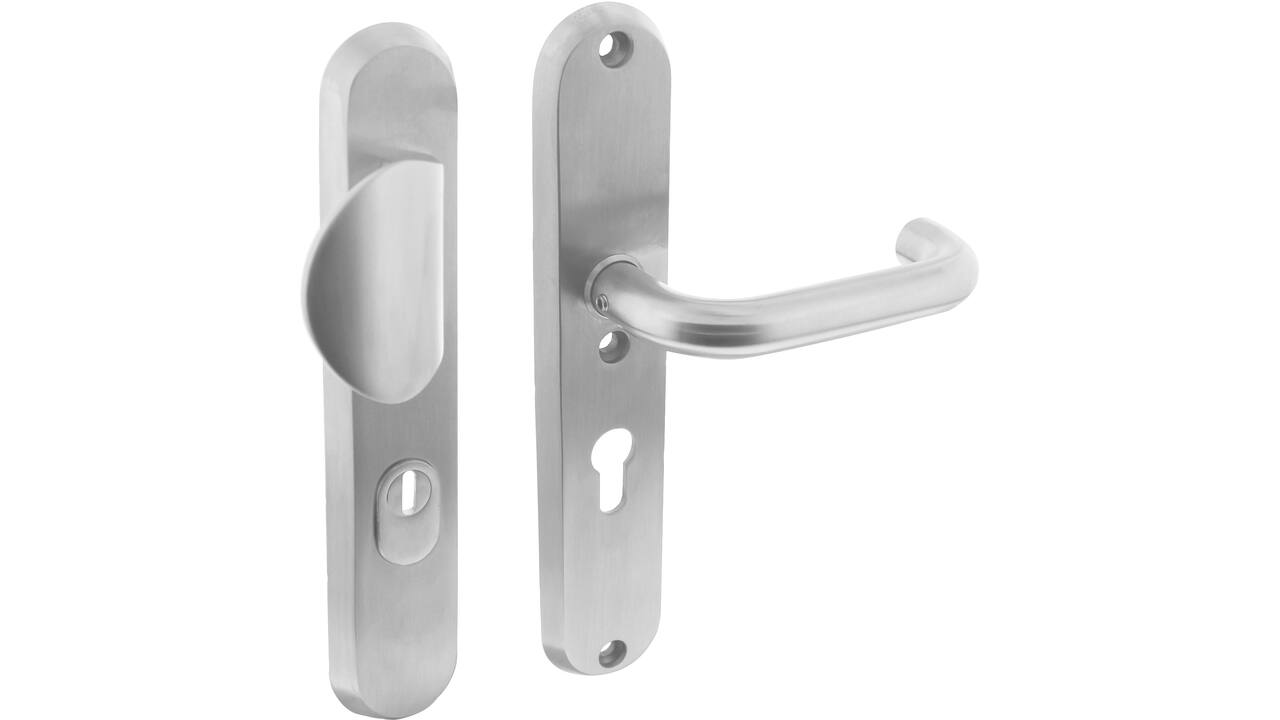 SKG3 veiligheidsbeslag ovaal 250x50mm greep/kruk Rond met veerconstructie profielcilindergat 55mm met kerntrekbeveiliging rvs