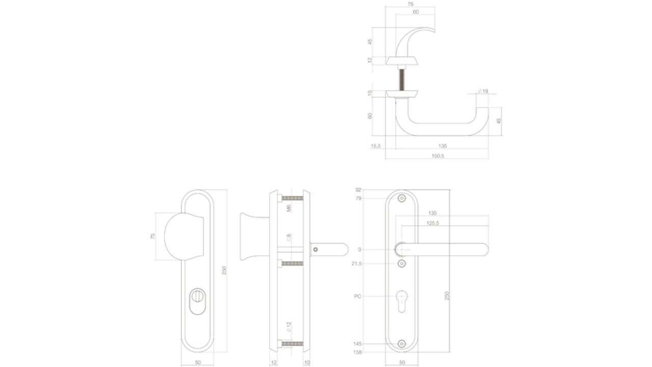 SKG3 veiligheidsbeslag ovaal 250x50mm greep/kruk Rond met veerconstructie profielcilindergat 55mm met kerntrekbeveiliging rvs
