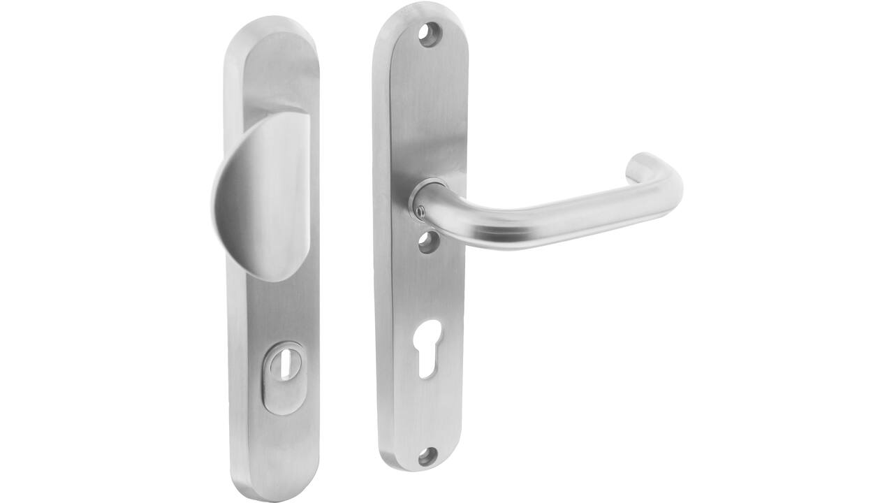SKG3 veiligheidsbeslag ovaal 250x50mm greep/kruk Rond met veerconstructie profielcilindergat 72mm met kerntrekbeveiliging rvs