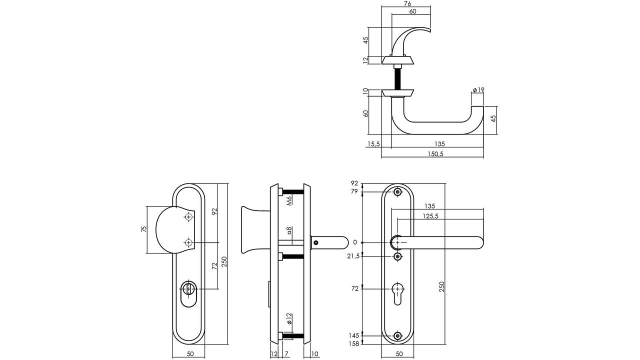 SKG3 veiligheidsbeslag ovaal 250x50mm greep/kruk Rond met veerconstructie profielcilindergat 72mm met kerntrekbeveiliging rvs