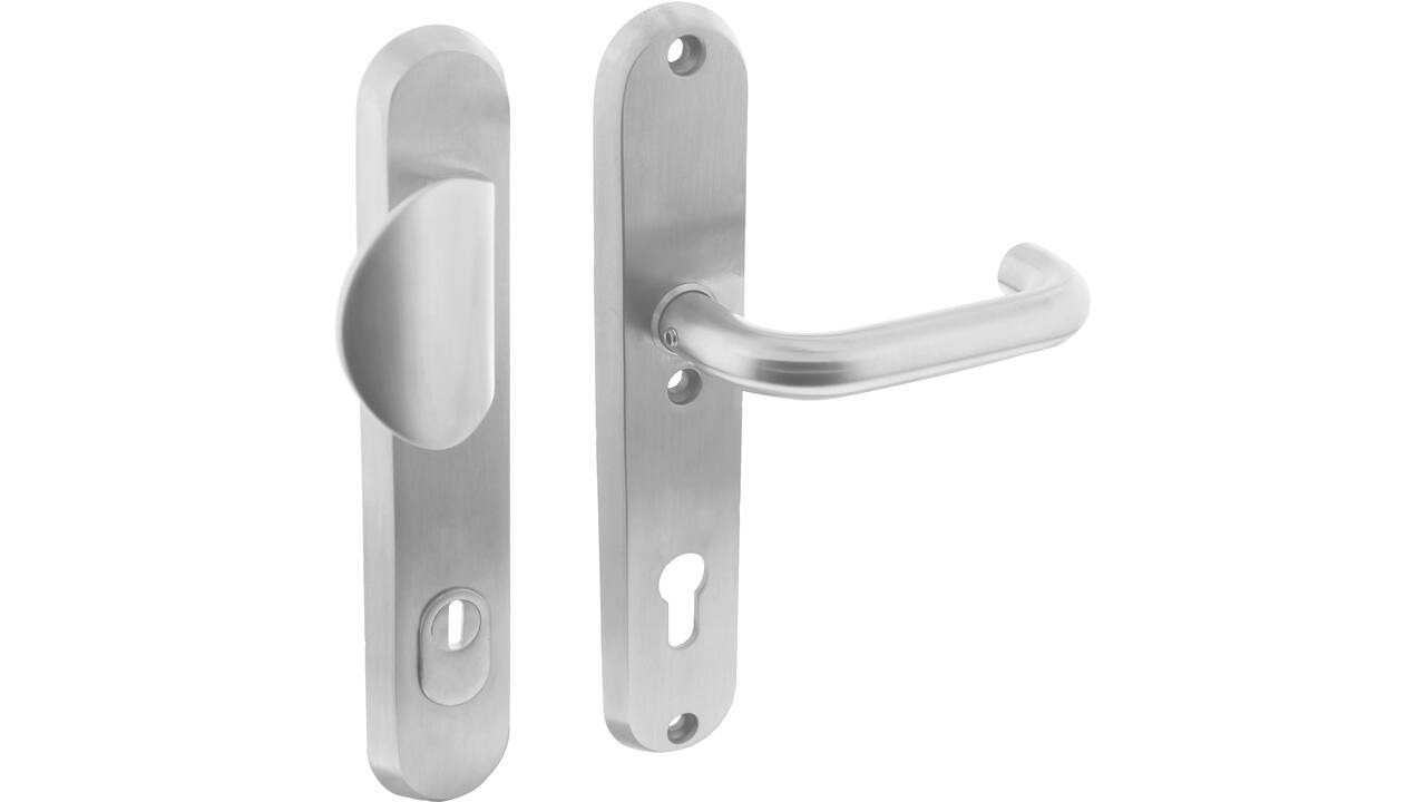 SKG3 veiligheidsbeslag ovaal 250x50mm greep/kruk Rond met veerconstructie profielcilindergat 92mm met kerntrekbeveiliging rvs