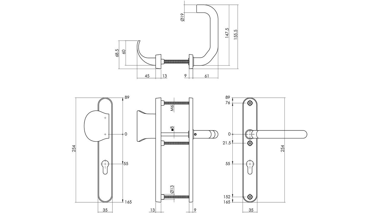 SKG3 smalschilden greep/kruk verkropt profielcilindergat 55mm RVS