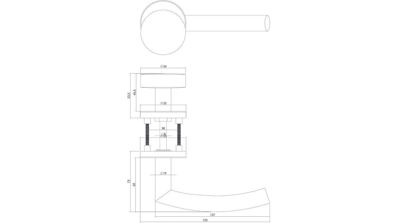 Knop/kruk garnituur links Half rond/90° op rozet verdekt ø55x8mm en cilinderrozetten rvs