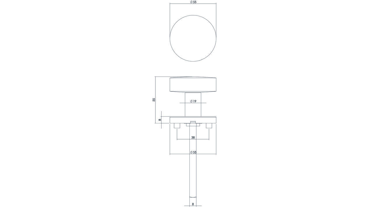 Knoprozet verdekt ø55x8mm met nokken en vaste knop plat met wisselstift rvs