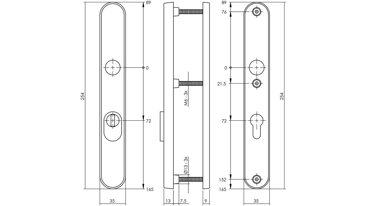 SKG3 veiligheidsschilden ovaal smal 254x35mm profielcilindergat 72mm met kerntrekbeveiliging rvs