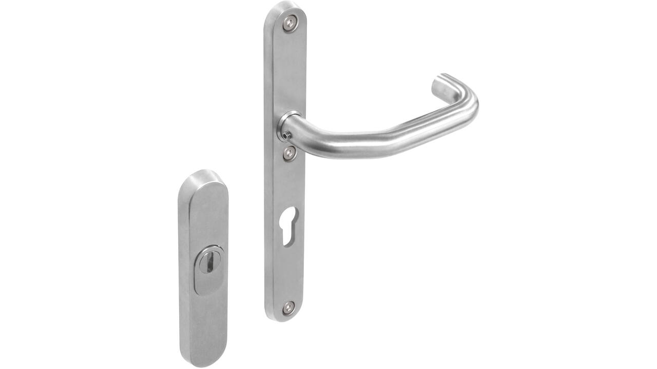 SKG3 veiligheidsbeslag ovaal rozet 156x35mm profielcilindergat 72mm met kerntrekbeveiliging en veiligheid binnenschild smal met kruk verkropt rvs