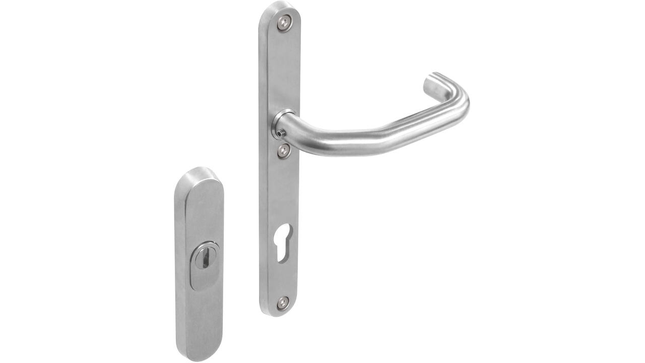 SKG3 veiligheidsbeslag ovaal rozet 156x35mm profielcilindergat 92mm met kerntrekbeveiliging en veiligheid binnenschild smal met kruk verkropt rvs