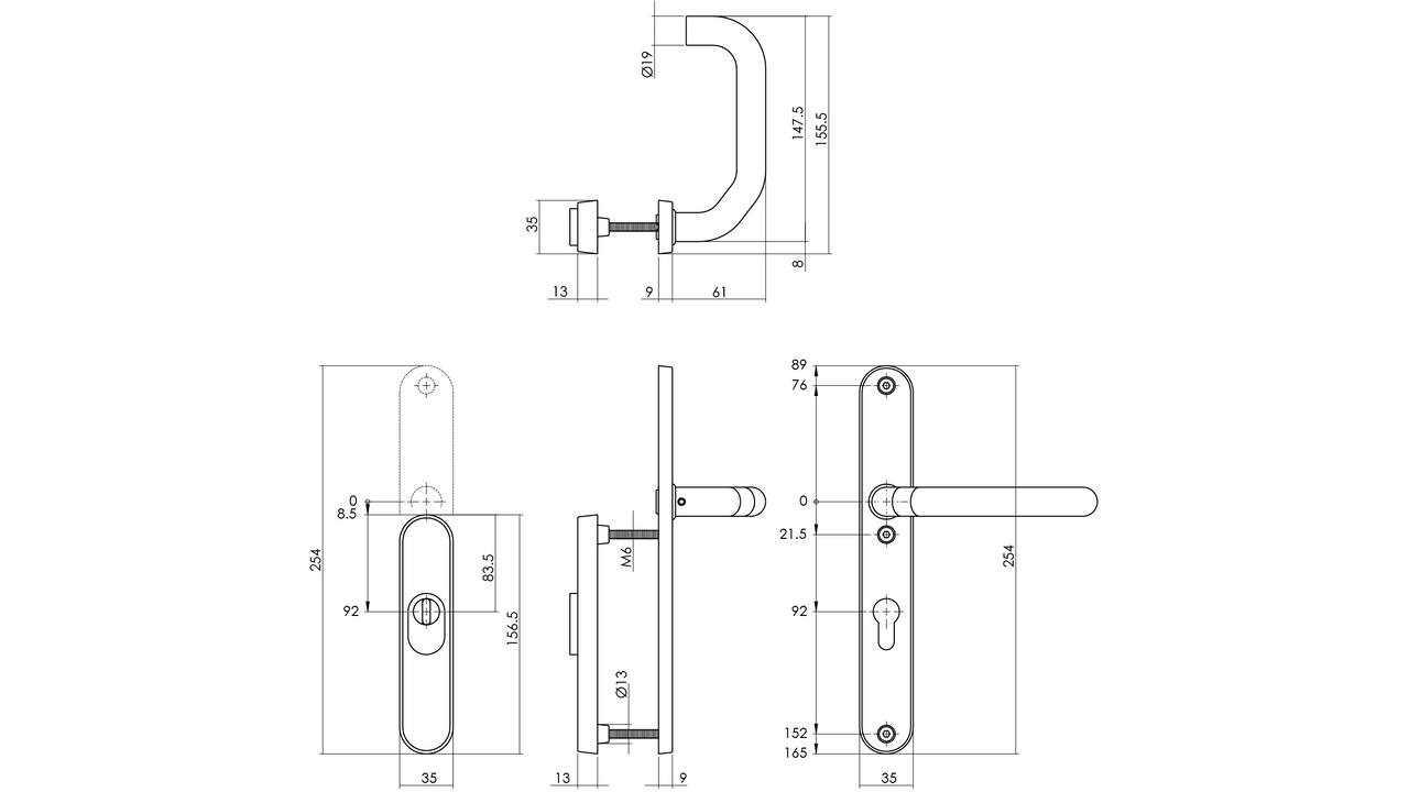 SKG3 veiligheidsbeslag ovaal rozet 156x35mm profielcilindergat 92mm met kerntrekbeveiliging en veiligheid binnenschild smal met kruk verkropt rvs