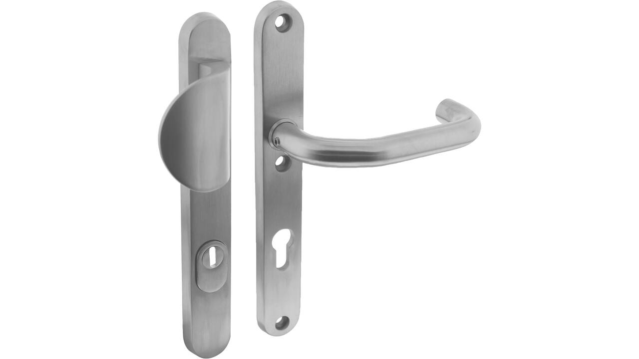 SKG3 veiligheidsbeslag ovaal smal 254x35mm greep/kruk Verkropt met veerconstructie profielcilindergat 72mm met kerntrekbeveiliging rvs