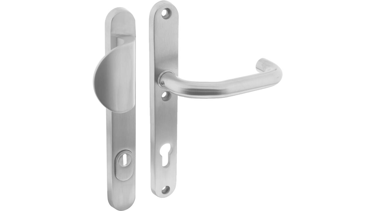 SKG3 veiligheidsbeslag ovaal smal 254x35mm greep/kruk Verkropt met veerconstructie profielcilindergat 92mm met kerntrekbeveiliging rvs