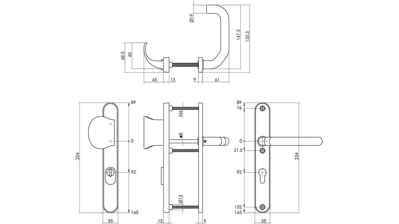 SKG3 veiligheidsbeslag ovaal smal 254x35mm greep/kruk Verkropt met veerconstructie profielcilindergat 92mm met kerntrekbeveiliging rvs