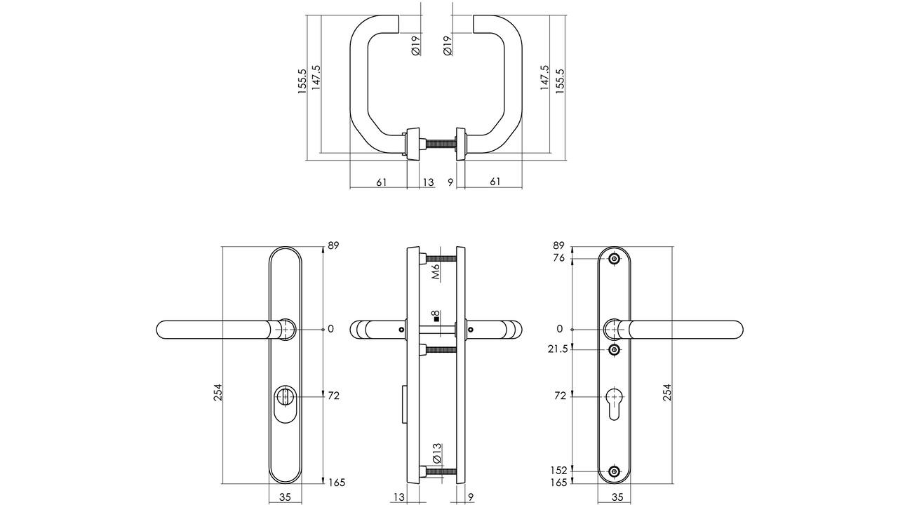 SKG3 veiligheidsbeslag ovaal smal 254x35mm kruk/kruk Verkropt met veerconstructie profielcilindergat 72mm met kerntrekbeveiliging rvs