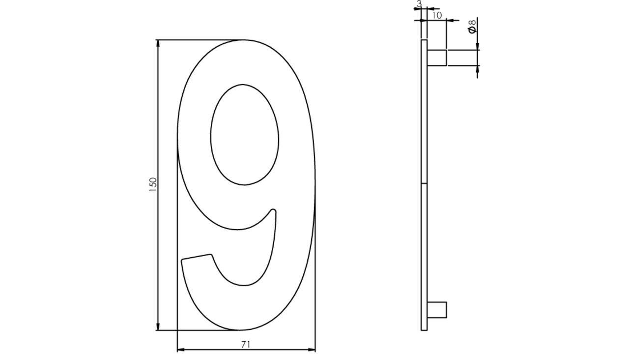 Huisnummer 9 150mm rvs