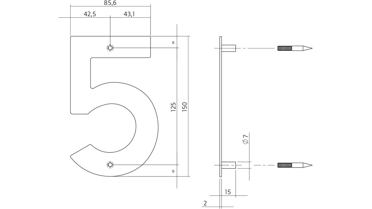 Huisnummer 5 150mm rvs