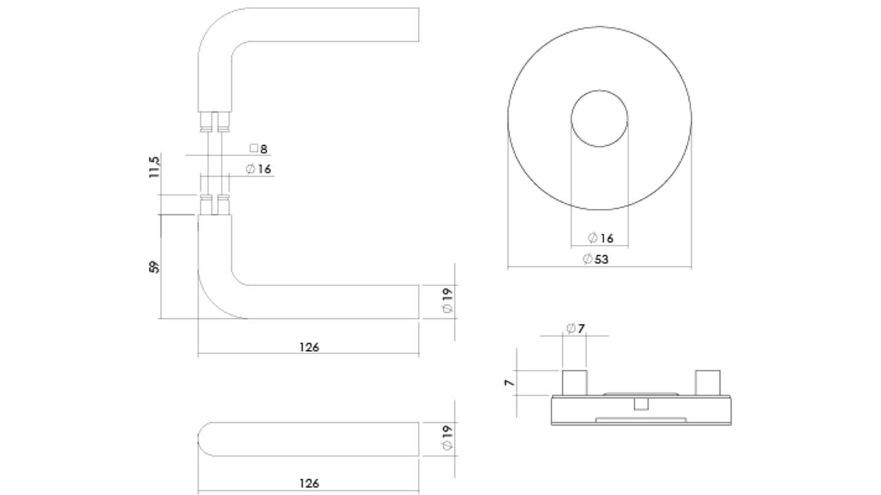 Deurkruk Luzern met rozet massief verdekt ø53x10mm met nokken rvs