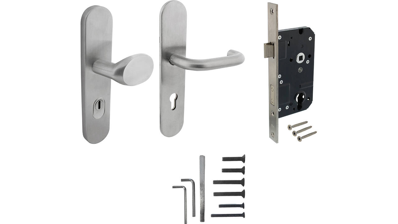 Set voordeurbeslag ovaal verdekt: SKG3 veiligheidsbeslag ovaal 255x52mm greep/kruk kt72 met SKG2 slot 72pc rvs