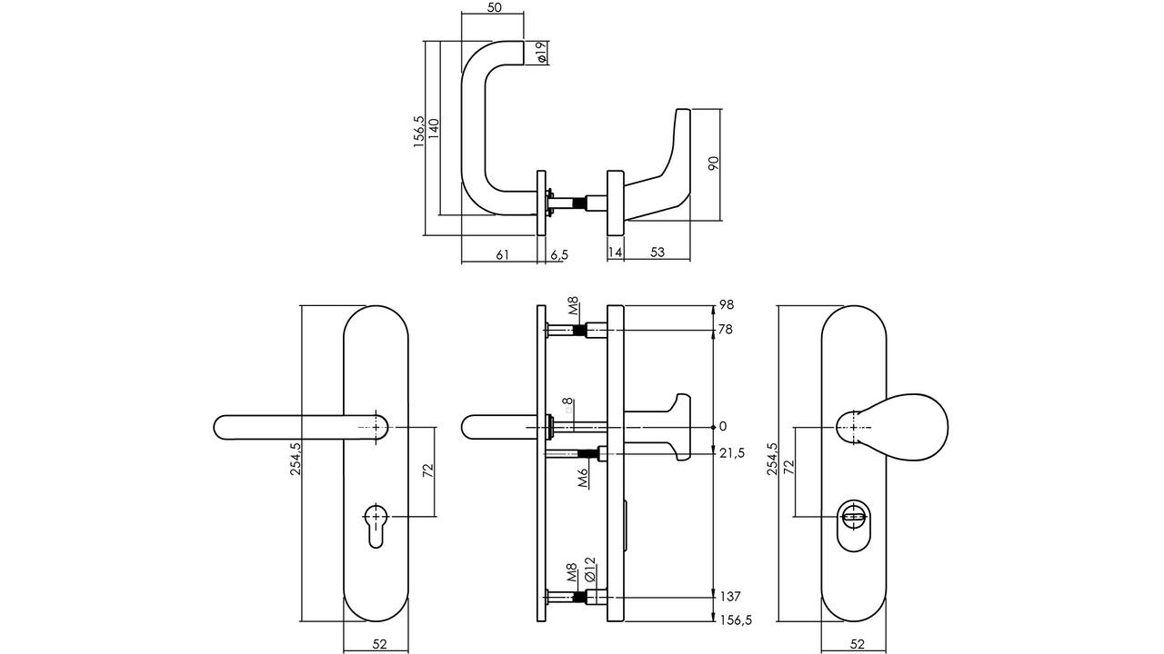 Set voordeurbeslag ovaal verdekt: SKG3 veiligheidsbeslag ovaal 255x52mm greep/kruk kt72 met SKG2 slot 72pc rvs