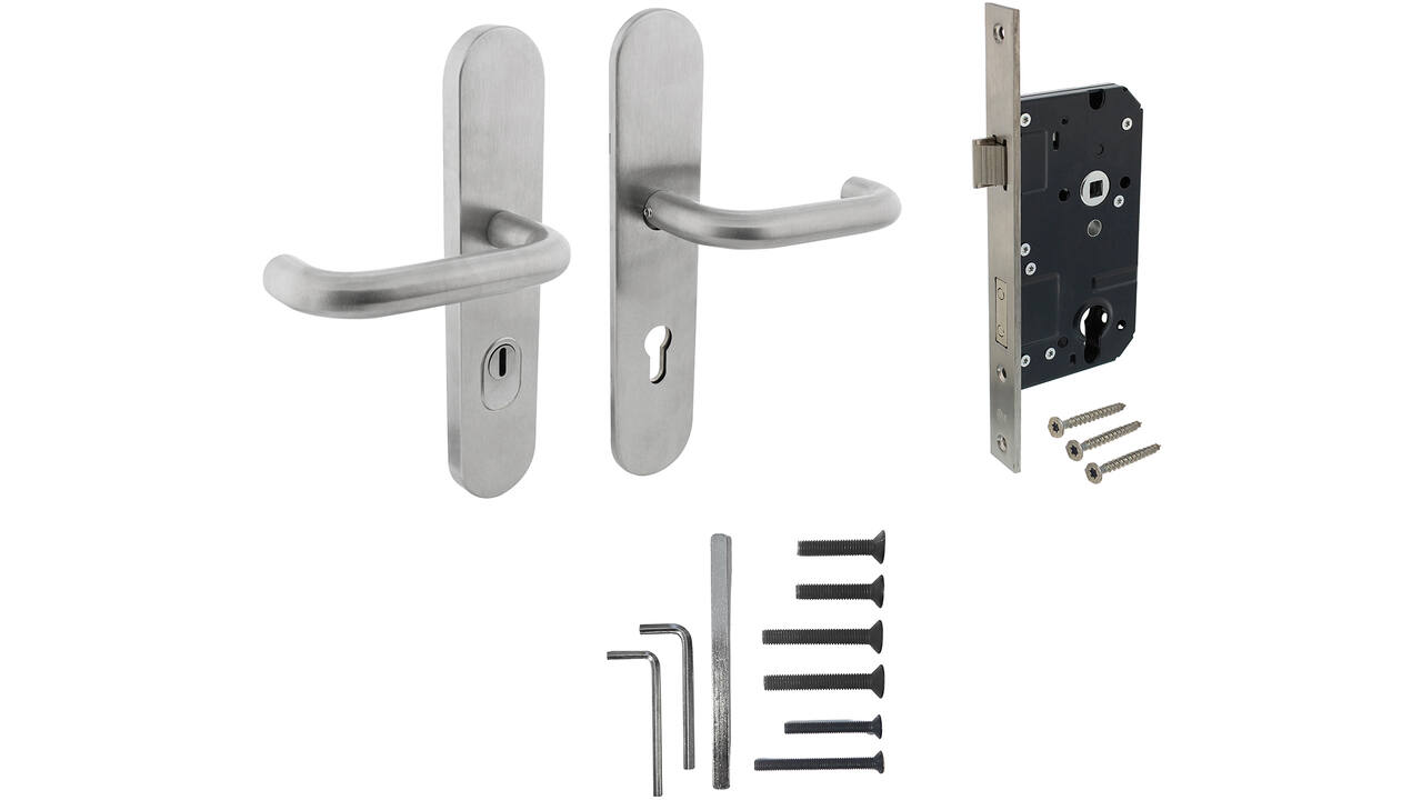 Set achterdeurbeslag ovaal verdekt: SKG3 veiligheidsbeslag ovaal 255x52mm kruk/kruk kt72 met SKG2 slot 72pc rvs