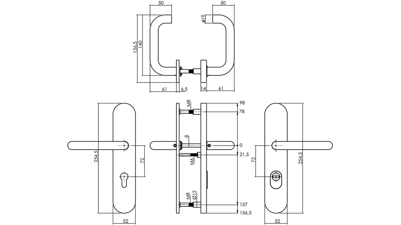 Set achterdeurbeslag ovaal verdekt: SKG3 veiligheidsbeslag ovaal 255x52mm kruk/kruk kt72 met SKG2 slot 72pc rvs