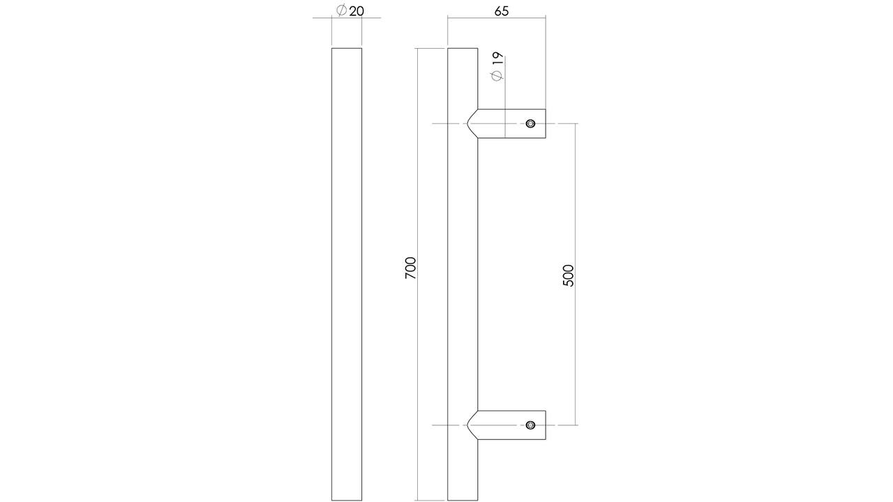 Deurgreep T-vorm 700x65x20mm hart op hart 500mm rvs