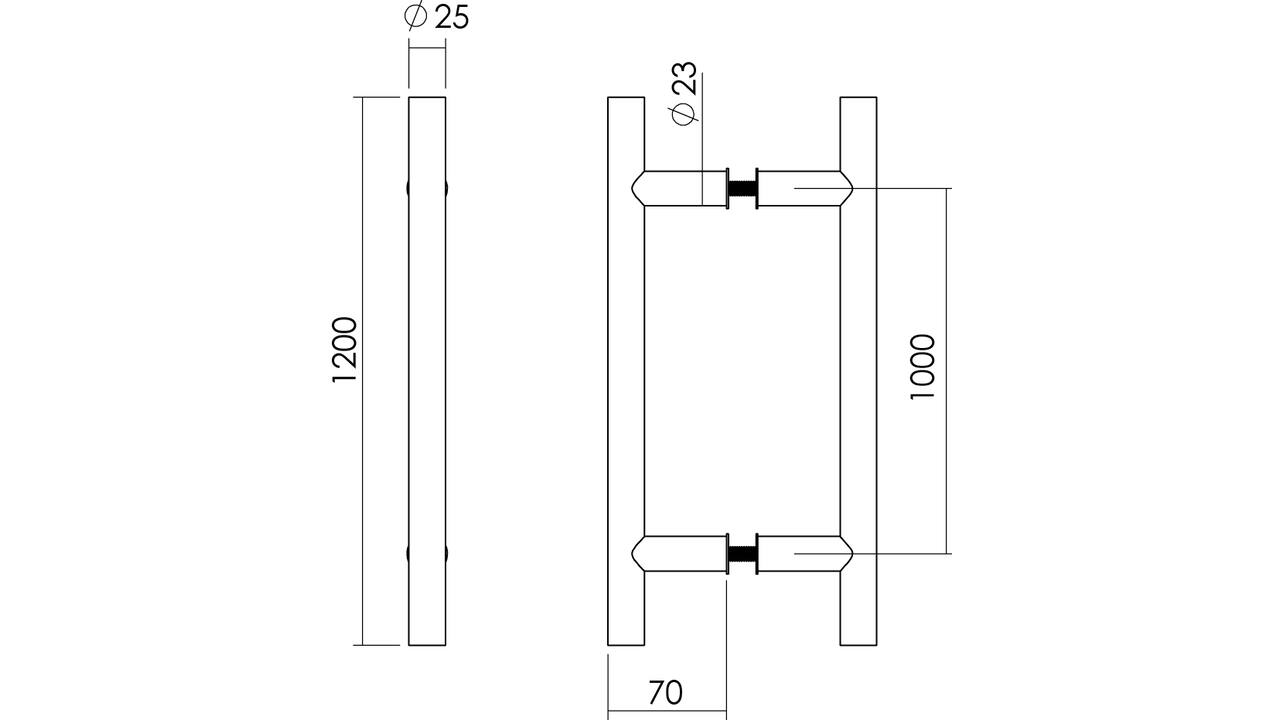 Deurgrepen T-vorm 1200x70x25mm hart op hart 1000mm rvs