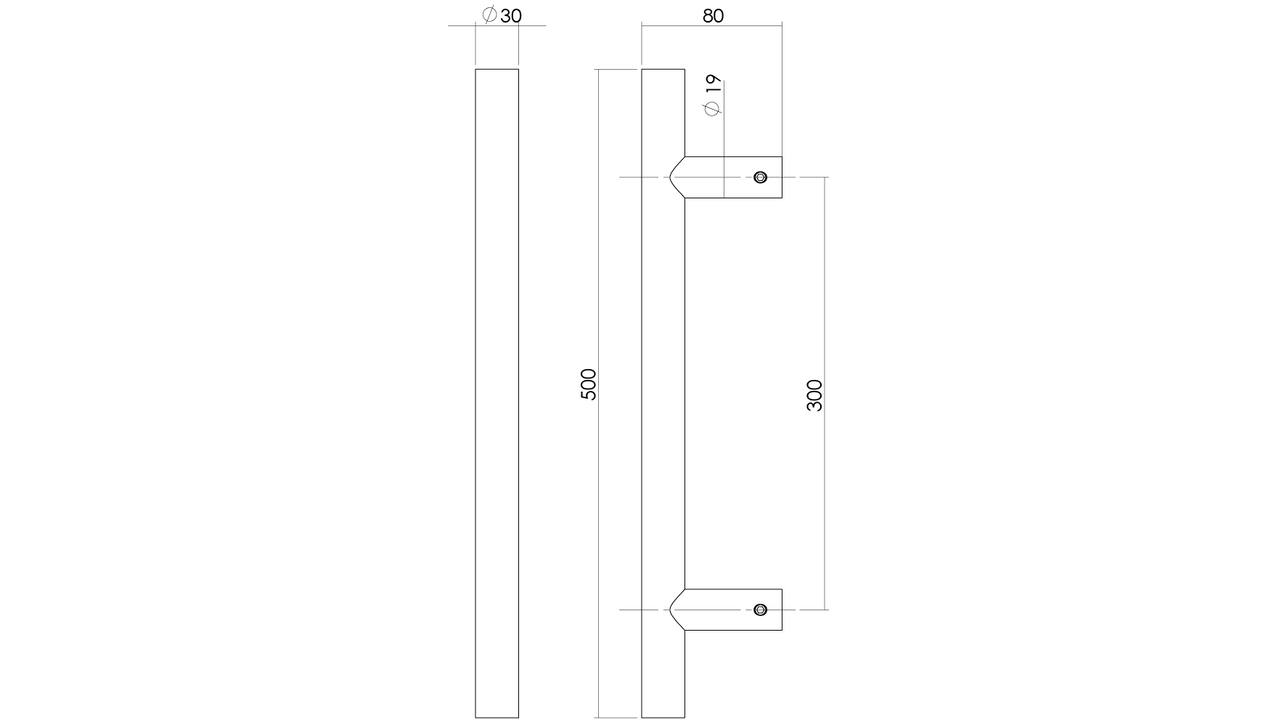 Deurgreep T-vorm 500x80x30mm hart op hart 300mm rvs