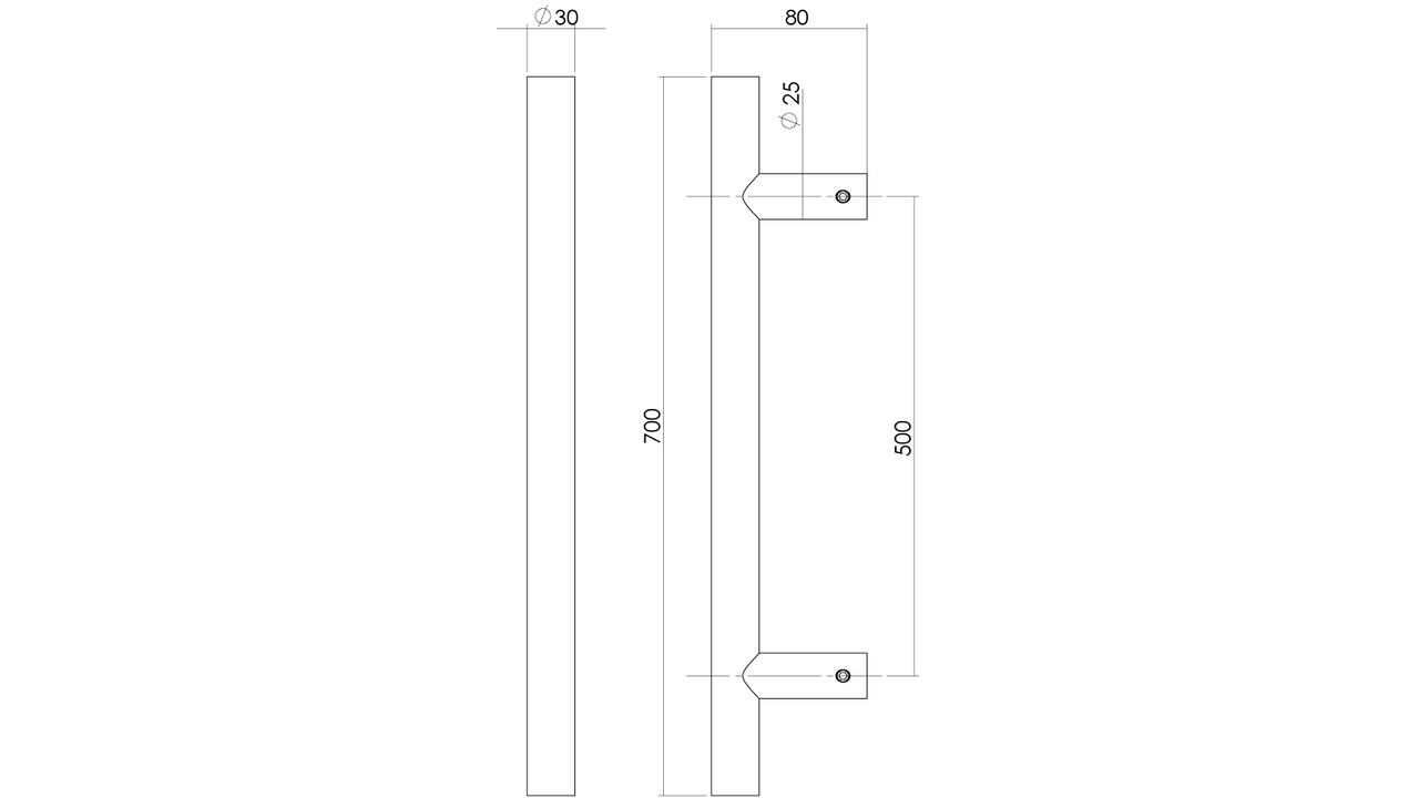 Deurgreep T-vorm 700x80x30mm hart op hart 500mm rvs