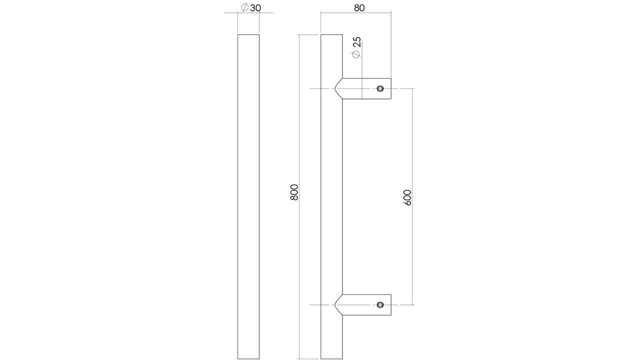 Deurgreep T-vorm 800x80x30mm hart op hart 600mm rvs