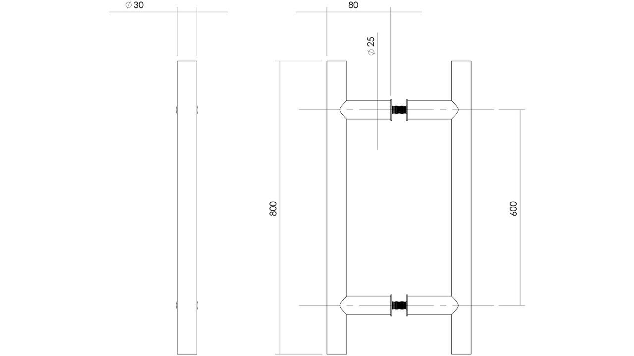 Deurgrepen T-vorm 800x80x30mm hart op hart 600mm rvs