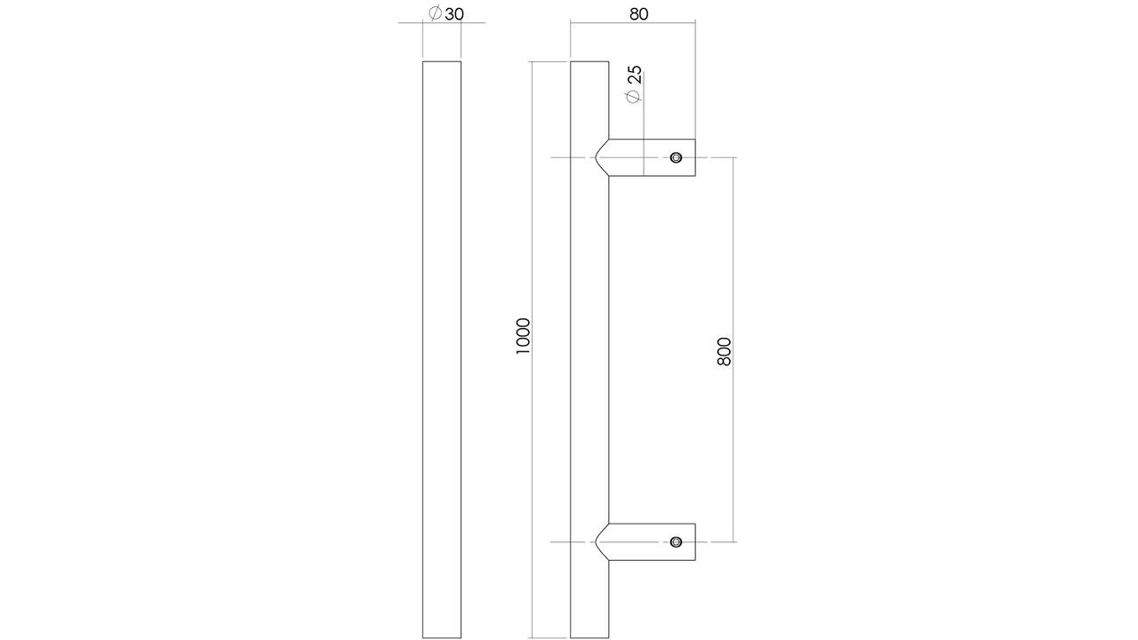 Deurgreep T-vorm 1000x80x30mm hart op hart 800mm rvs