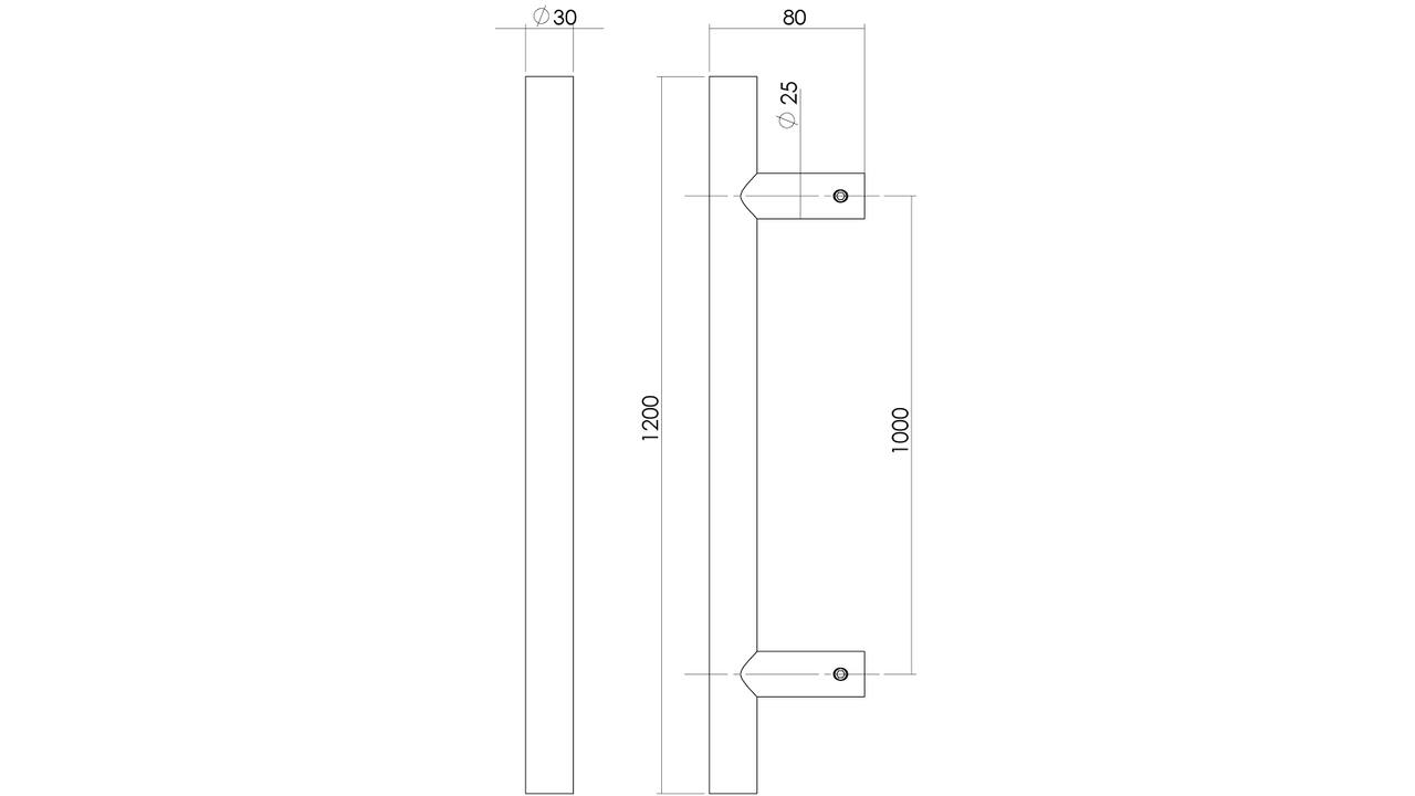 Deurgreep T-vorm 1200x80x30mm hart op hart 1000mm rvs