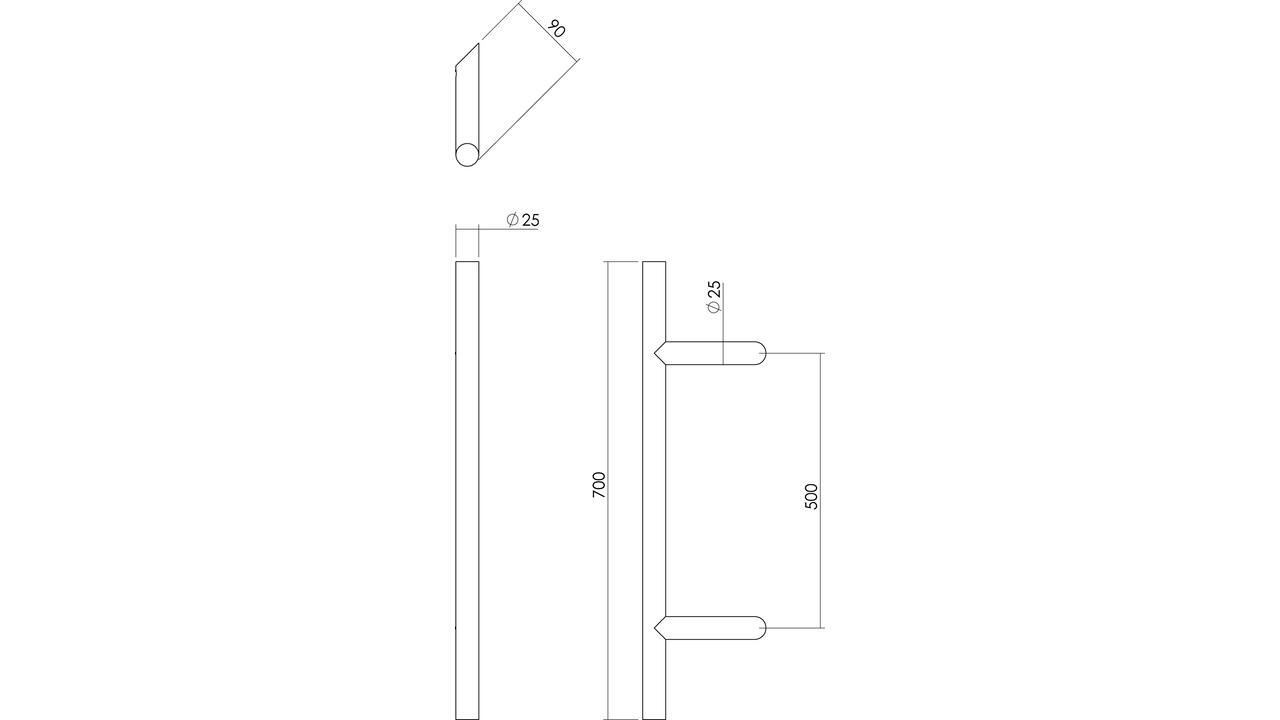 Deurgreep T-schuin 700x85x25mm hart op hart 500mm rvs