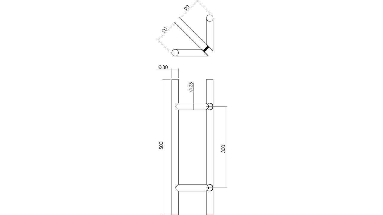 Deurgrepen T-schuin 500x90x30mm hart op hart 300mm rvs