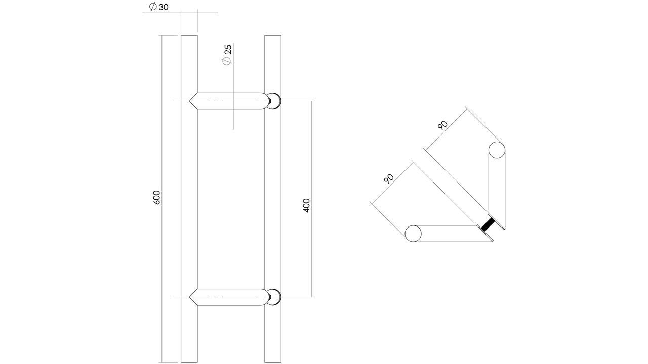 Deurgrepen T-schuin 600x90x30mm hart op hart 400mm rvs