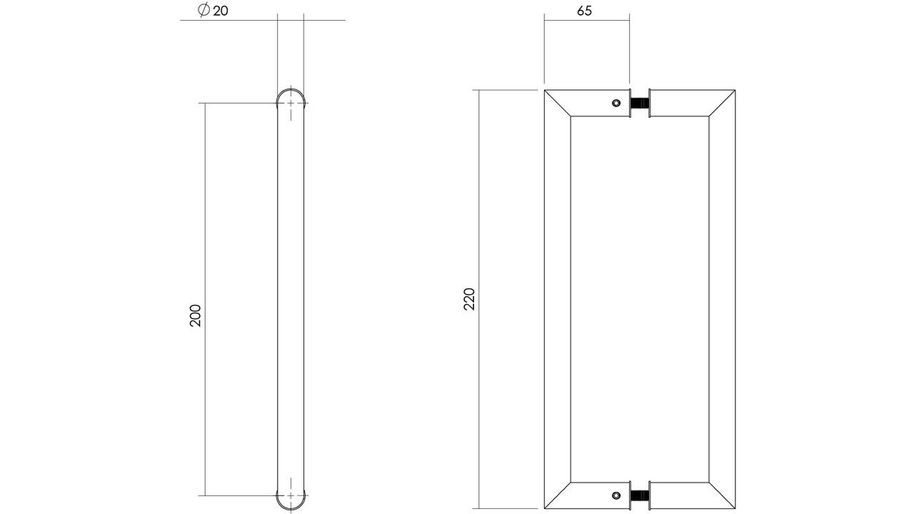 Deurgrepen Hoek 90° 220x65x20mm hart op hart 200mm rvs