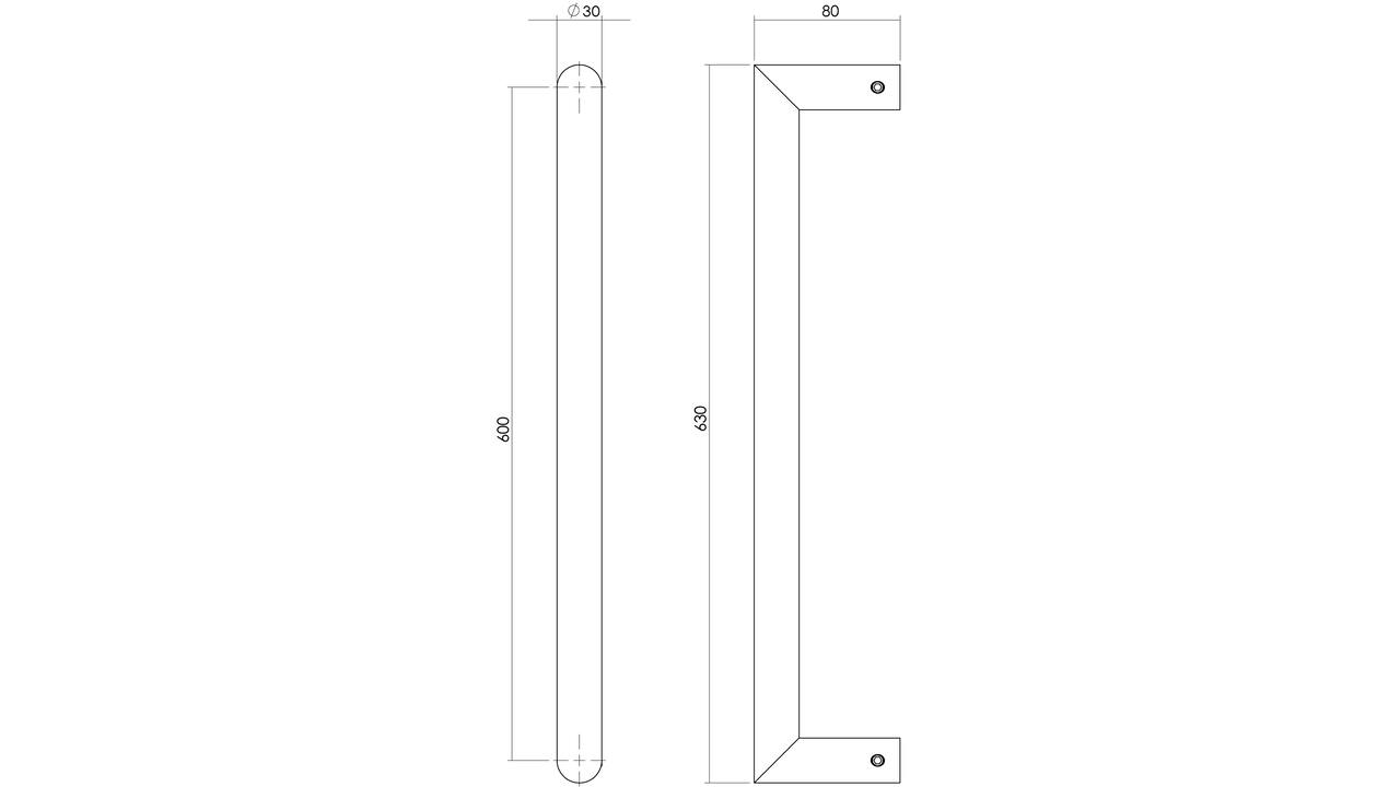 Deurgreep Hoek 90° 630x80x30mm hart op hart 600mm rvs