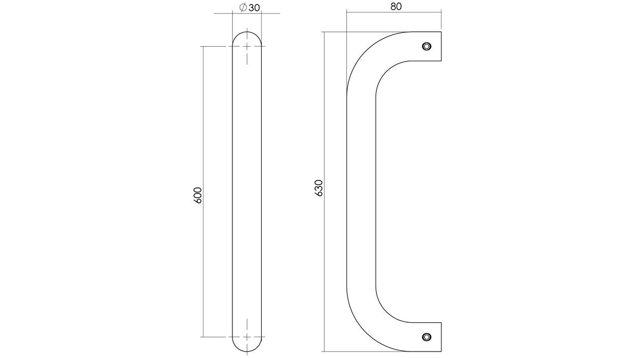 Deurgreep U-vorm 630x80x30mm hart op hart 600mm rvs