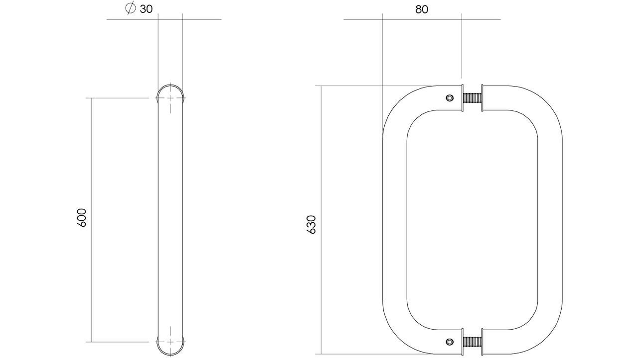 Deurgrepen U-vorm 630x80x30mm hart op hart 600mm rvs