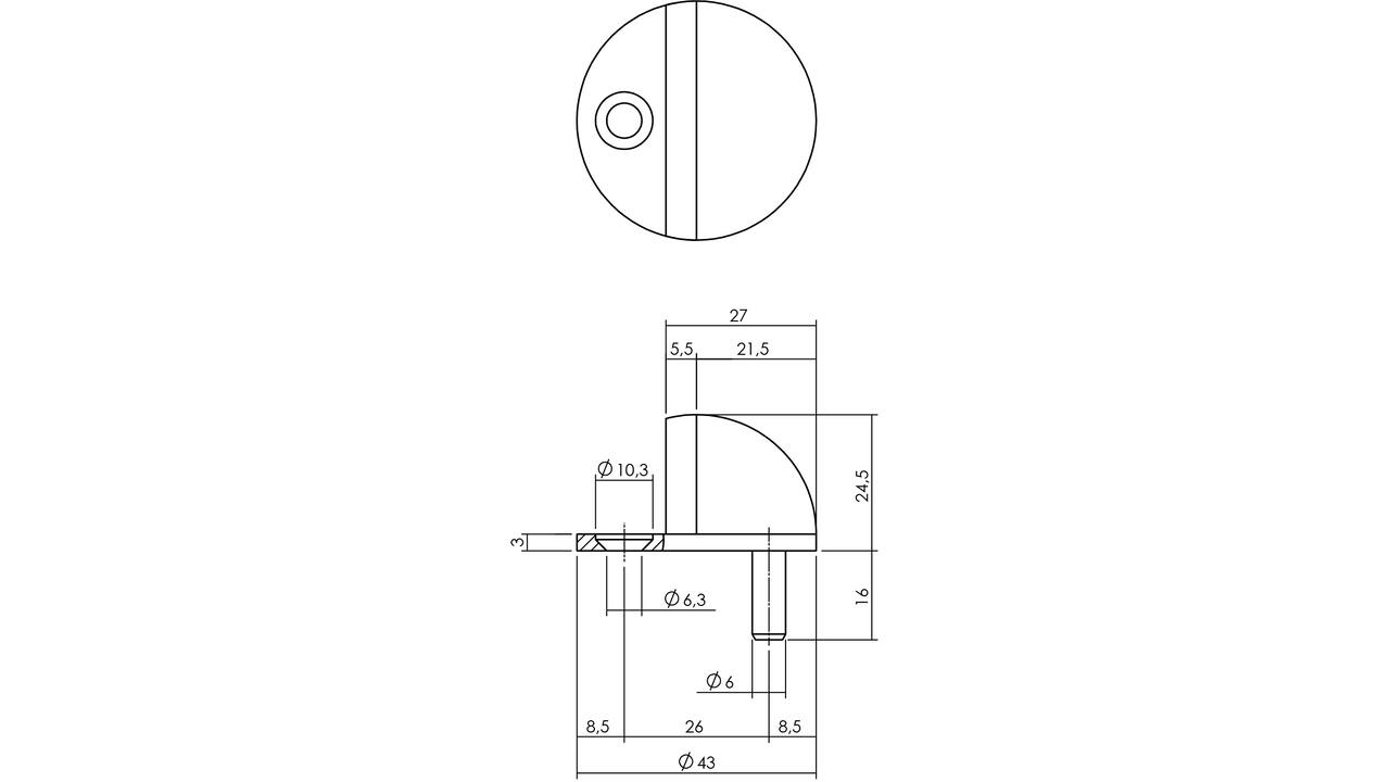Deurstop bolrond ø43x25mm vloermontage rvs