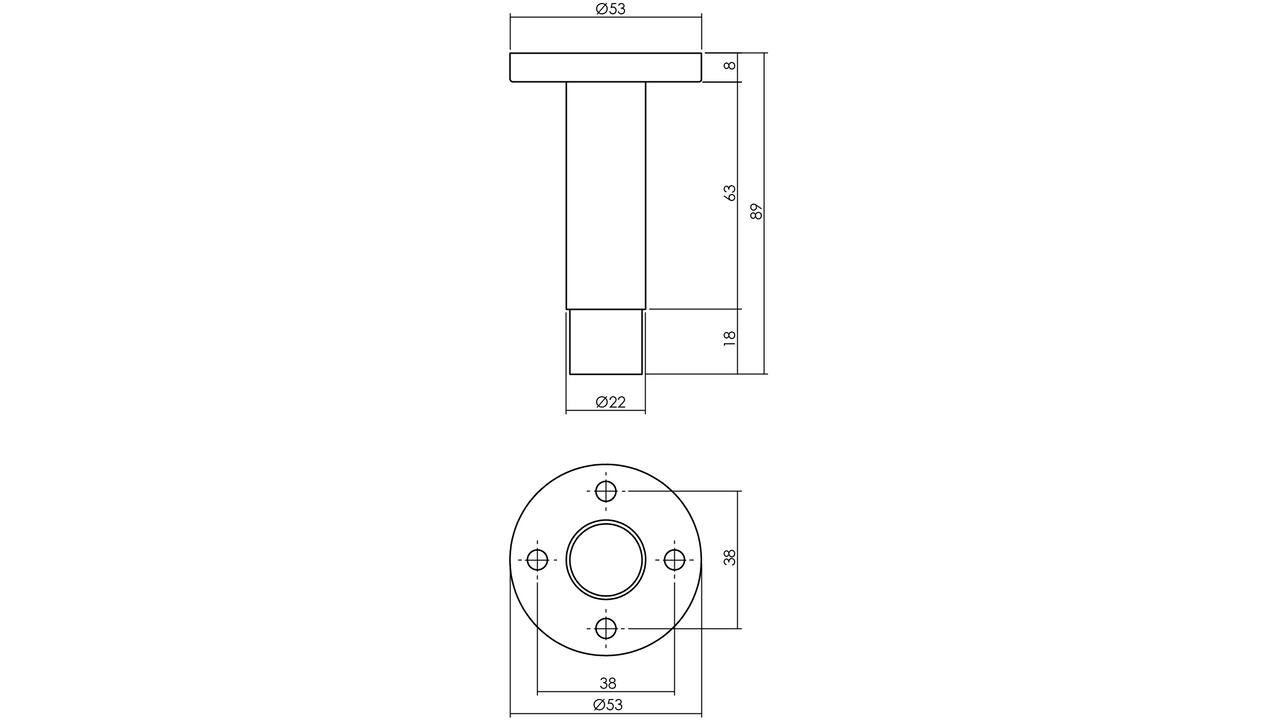Deurstop ø22x89mm op rozet ø53mm wandmontage rvs