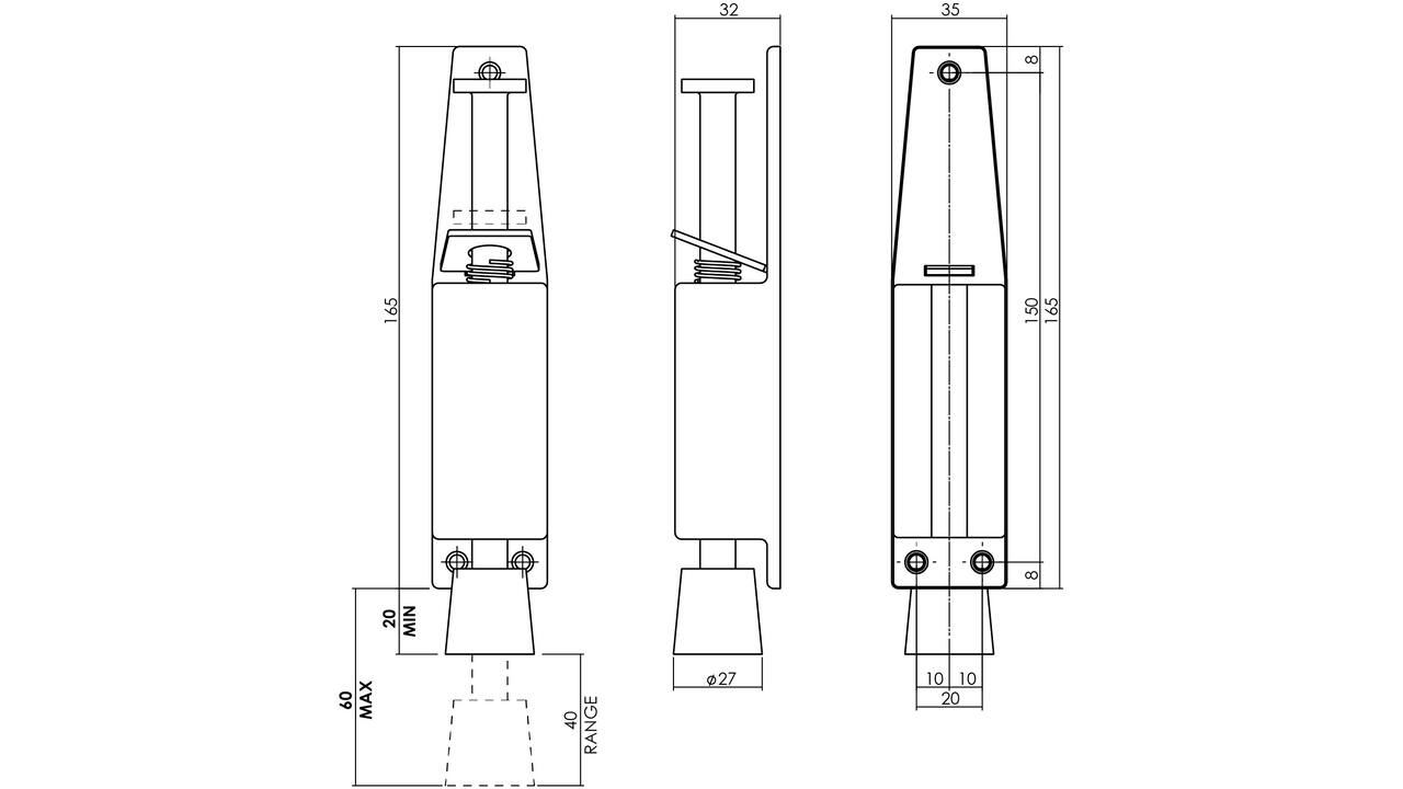 Deurvastzetter met voetrem 180(225)x35mm rvs
