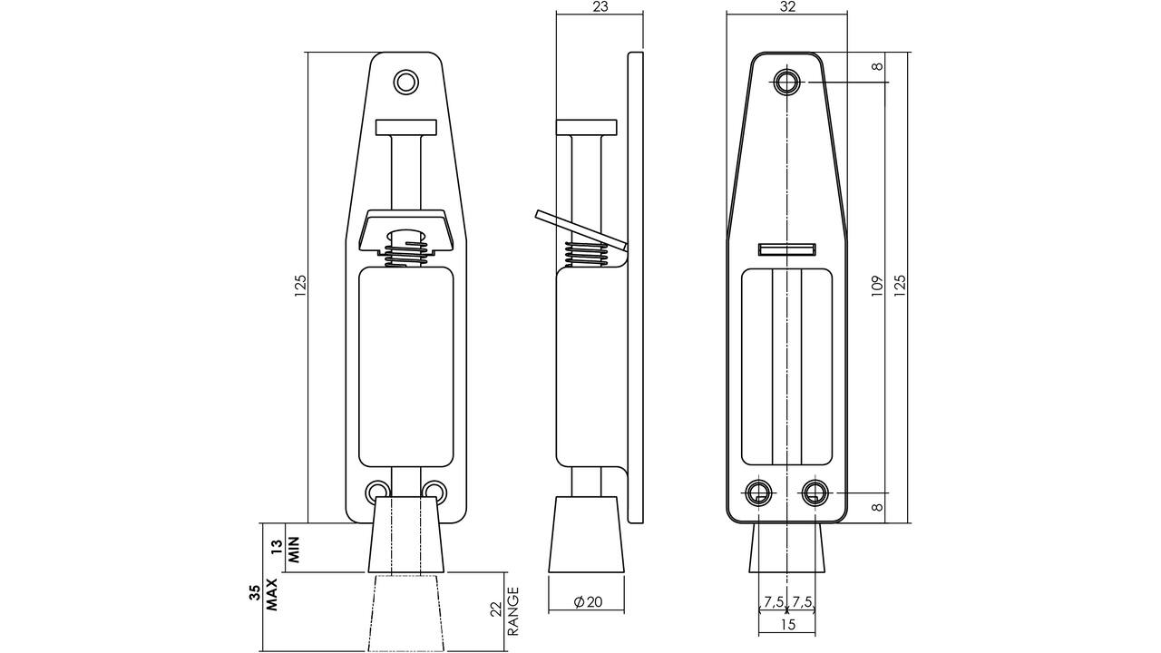 Deurvastzetter met voetrem 140(165)x32mm rvs