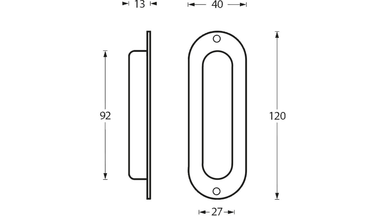Schuifdeurkom ovaal 120x40mm opschroevend rvs