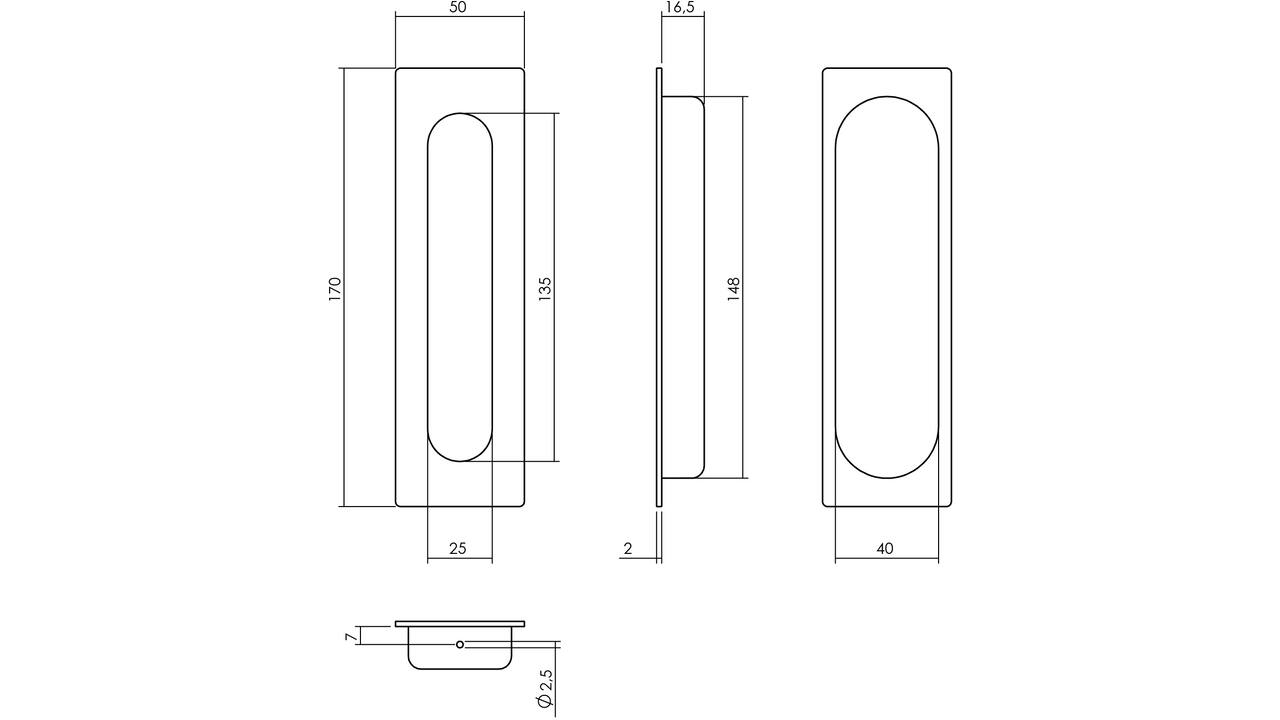 Schuifdeurkom rechthoekig 170x50mm verdekt rvs