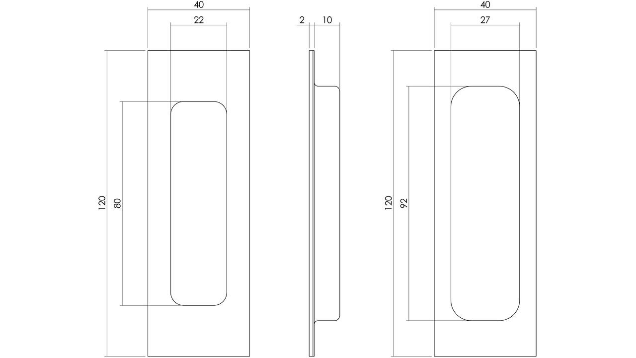 Schuifdeurkom rechthoekig 120x40mm met ovale achterkast, verdekt rvs