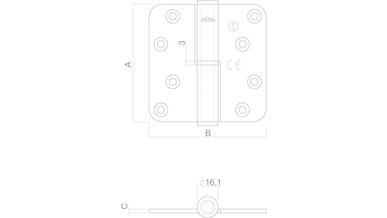 Kogelstiftpaumelle DIN links afgerond 3,5" (89x89x3mm) CE rvs